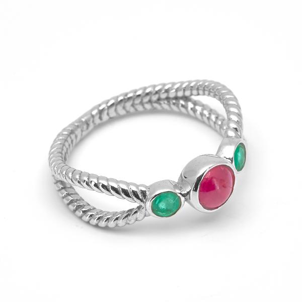 Silver Ring rubis, emeraude Moira